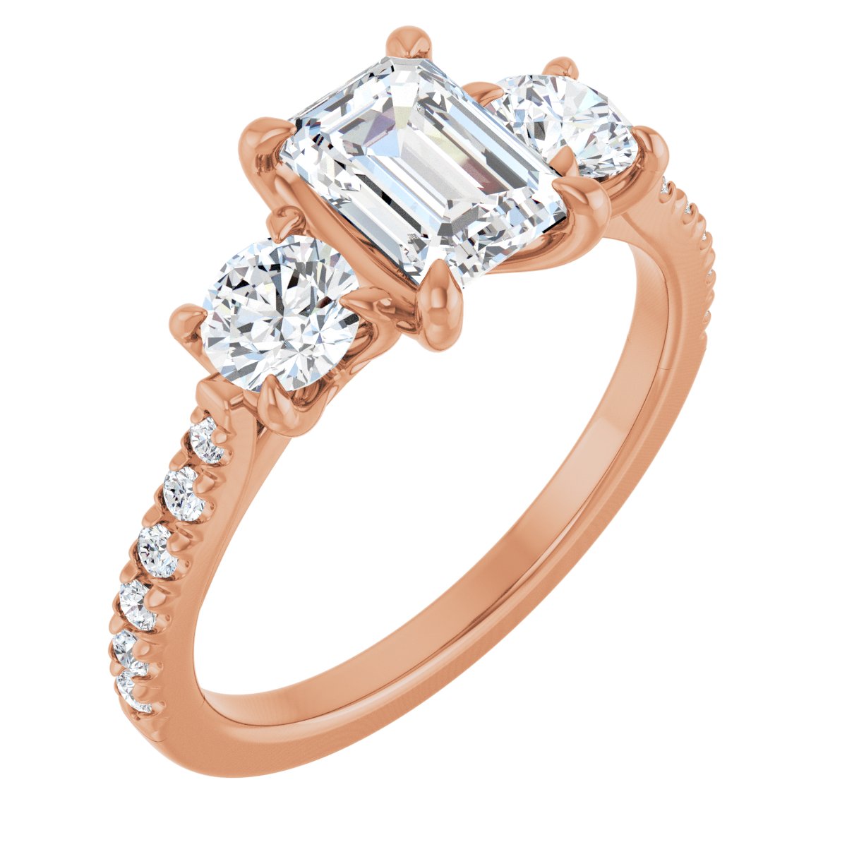Natural Diamond Emerald Three-Stone Engagement Ring Semi-Mount - 14K Rose Gold - Series 123447