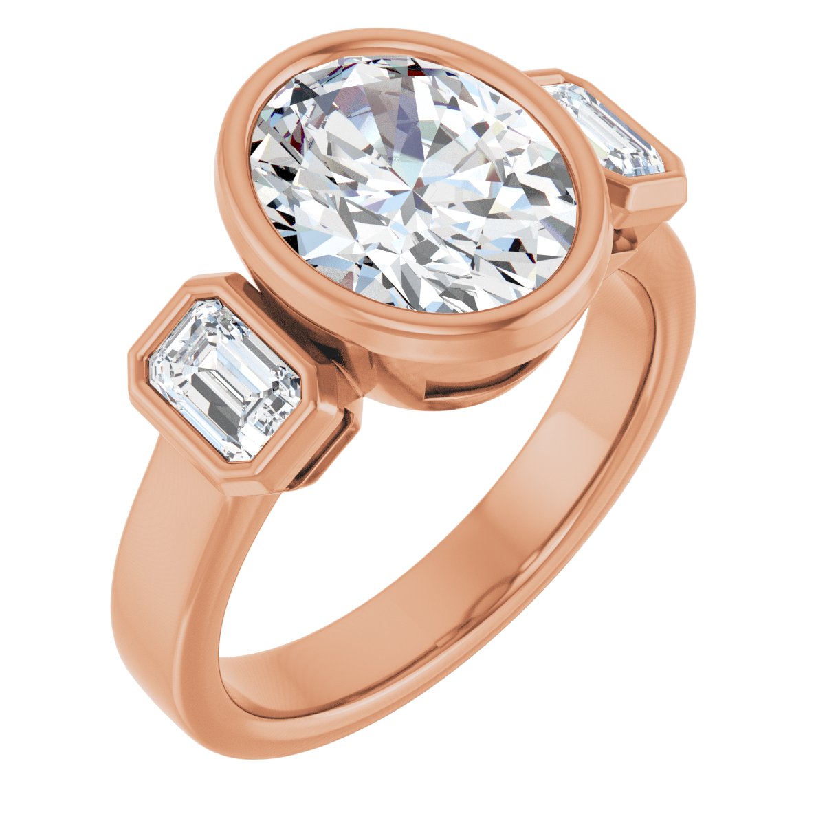 Natural Diamond Oval Bezel-Set Three-Stone Engagement Ring Semi-Mount - 14K Rose Gold - Series 126961