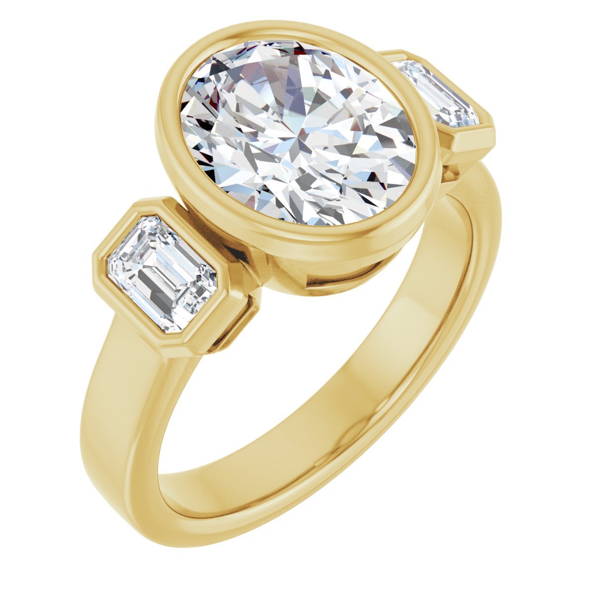 Natural Diamond Oval Bezel-Set Three-Stone Engagement Ring Semi-Mount - 14K Yellow Gold - Series 126961