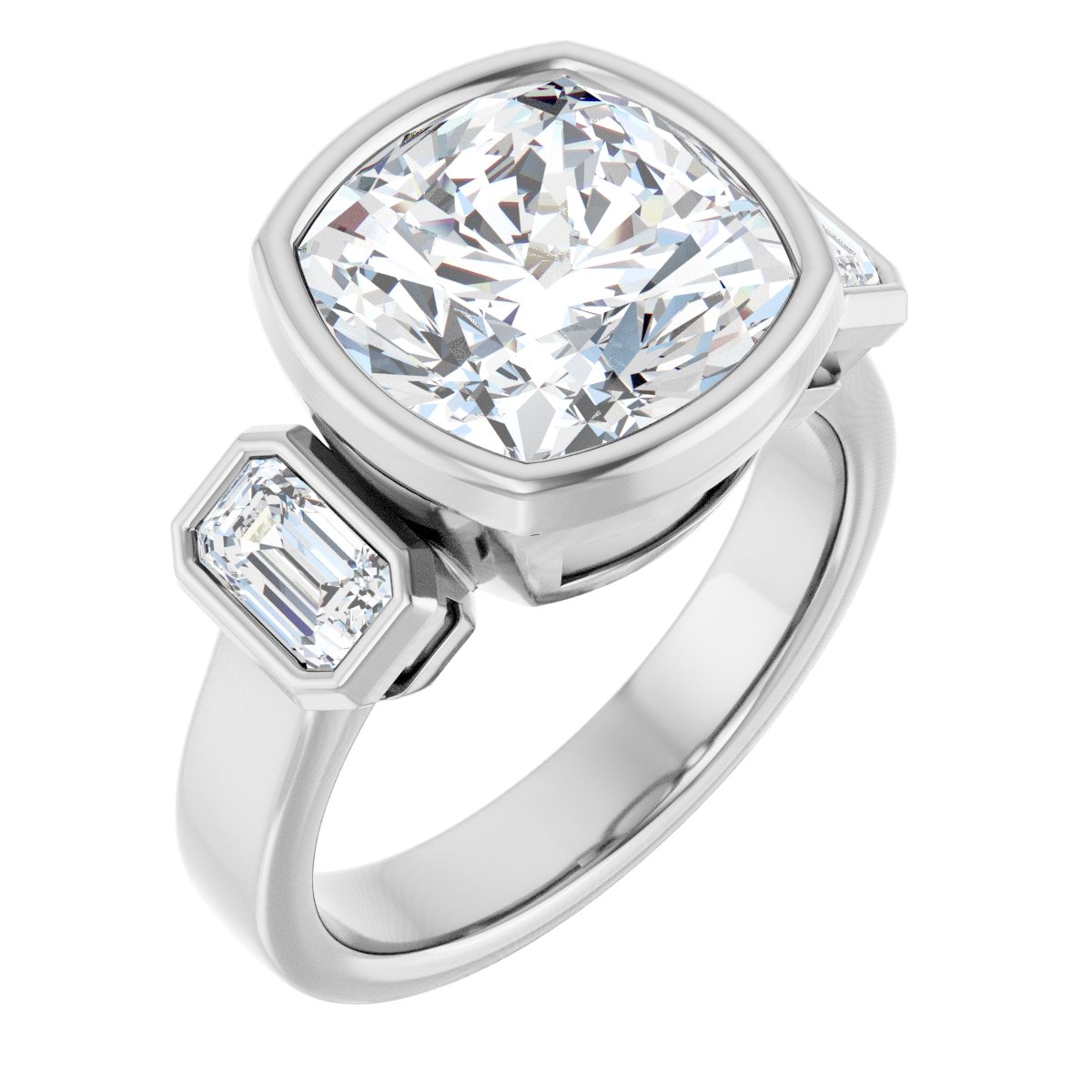 Natural Diamond Cushion Bezel-Set Three-Stone Engagement Ring Semi-Mount - Platinum - Series 126961
