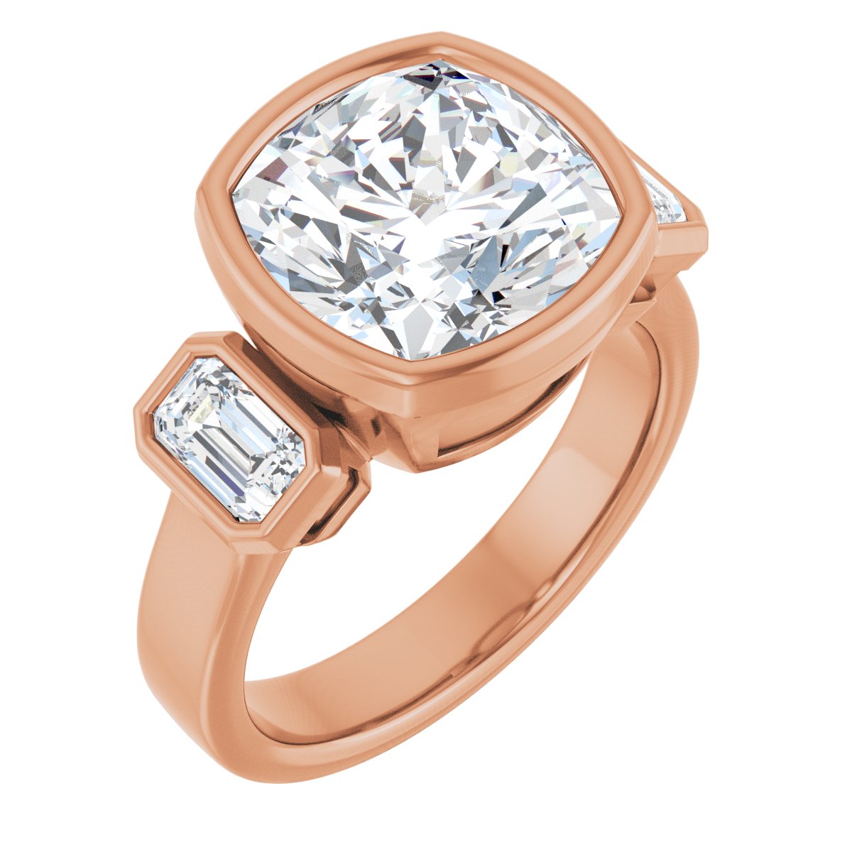 Natural Diamond Cushion Bezel-Set Three-Stone Engagement Ring Semi-Mount - 14K Rose Gold - Series 126961