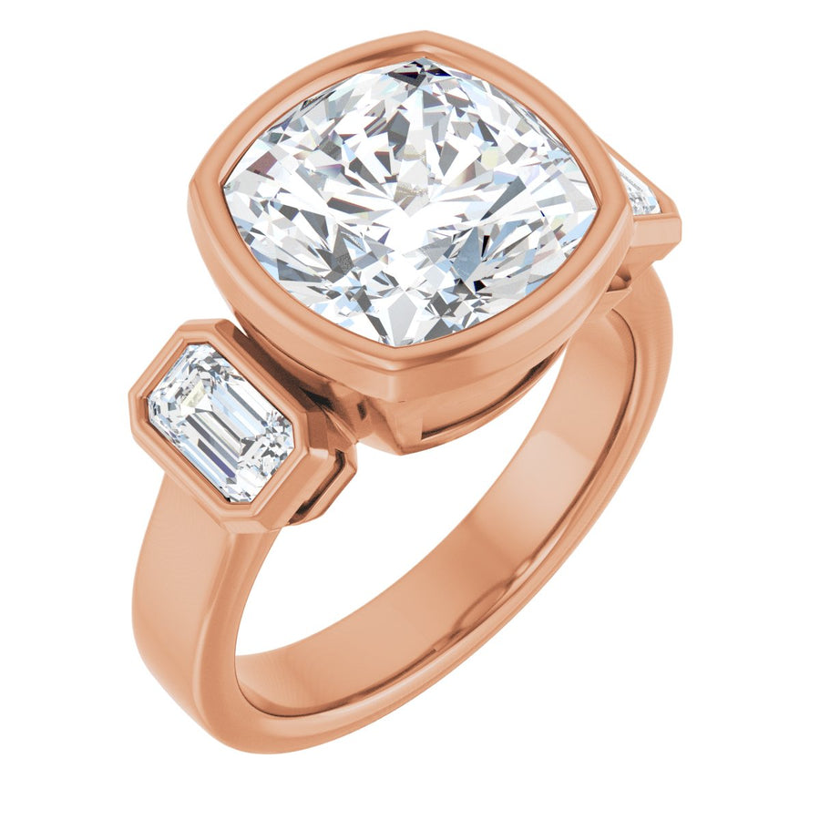 Natural Diamond Cushion Bezel-Set Three-Stone Engagement Ring Semi-Mount - 14K Rose Gold - Series 126961