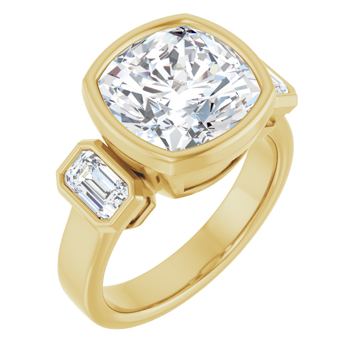 Natural Diamond Cushion Bezel-Set Three-Stone Engagement Ring Semi-Mount - 14K Yellow Gold - Series 126961
