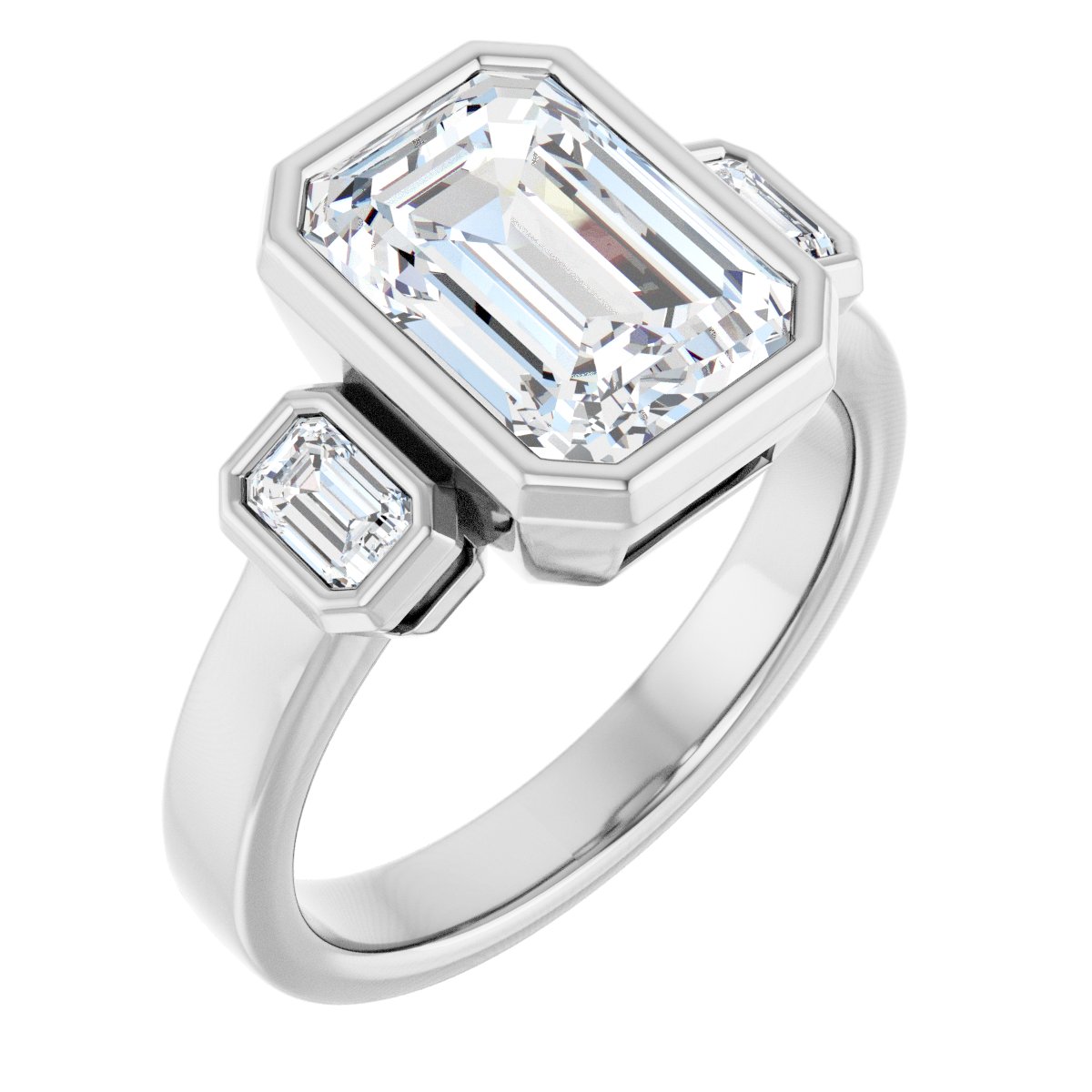 Natural Diamond Emerald Bezel-Set Three-Stone Engagement Ring Semi-Mount - Platinum - Series 126961