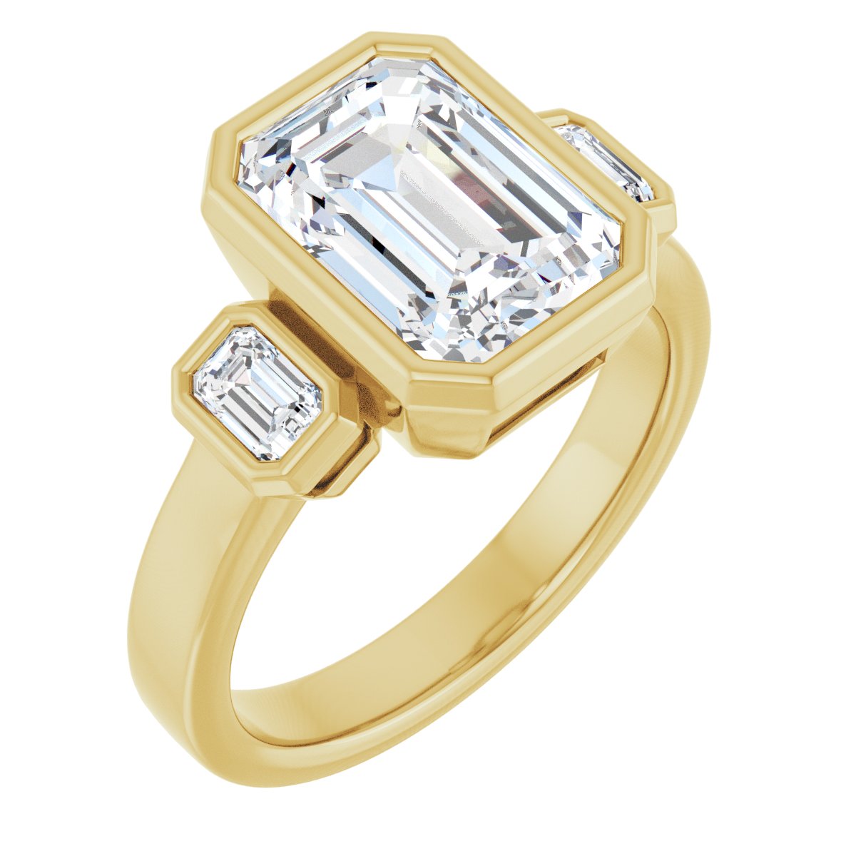 Natural Diamond Emerald Bezel-Set Three-Stone Engagement Ring Semi-Mount - 14K Yellow Gold - Series 126961