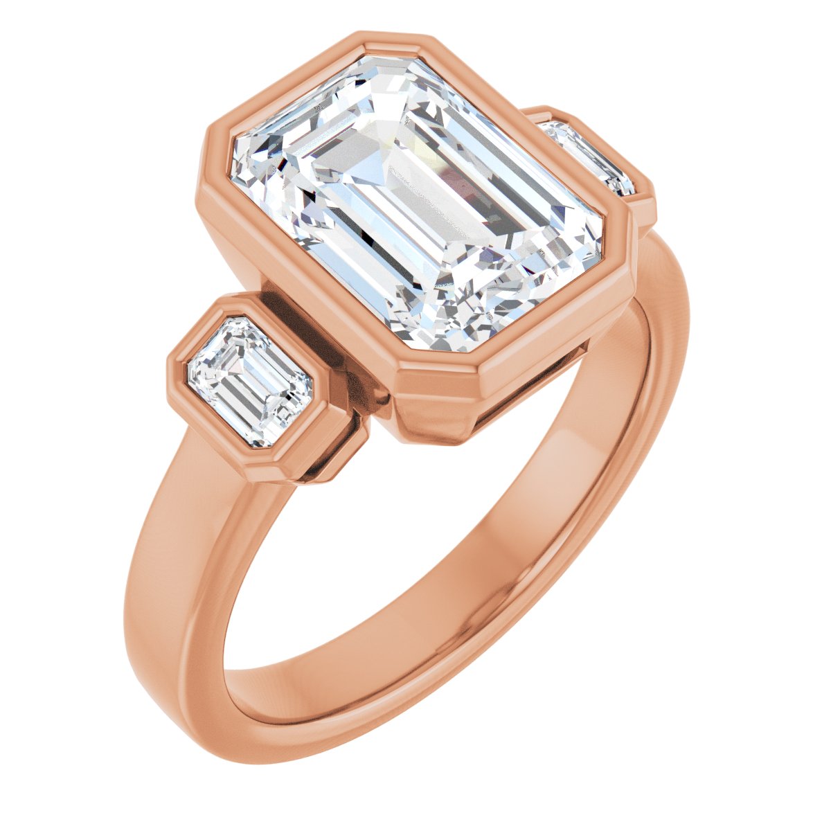 Natural Diamond Emerald Bezel-Set Three-Stone Engagement Ring Semi-Mount - 14K Rose Gold - Series 126961