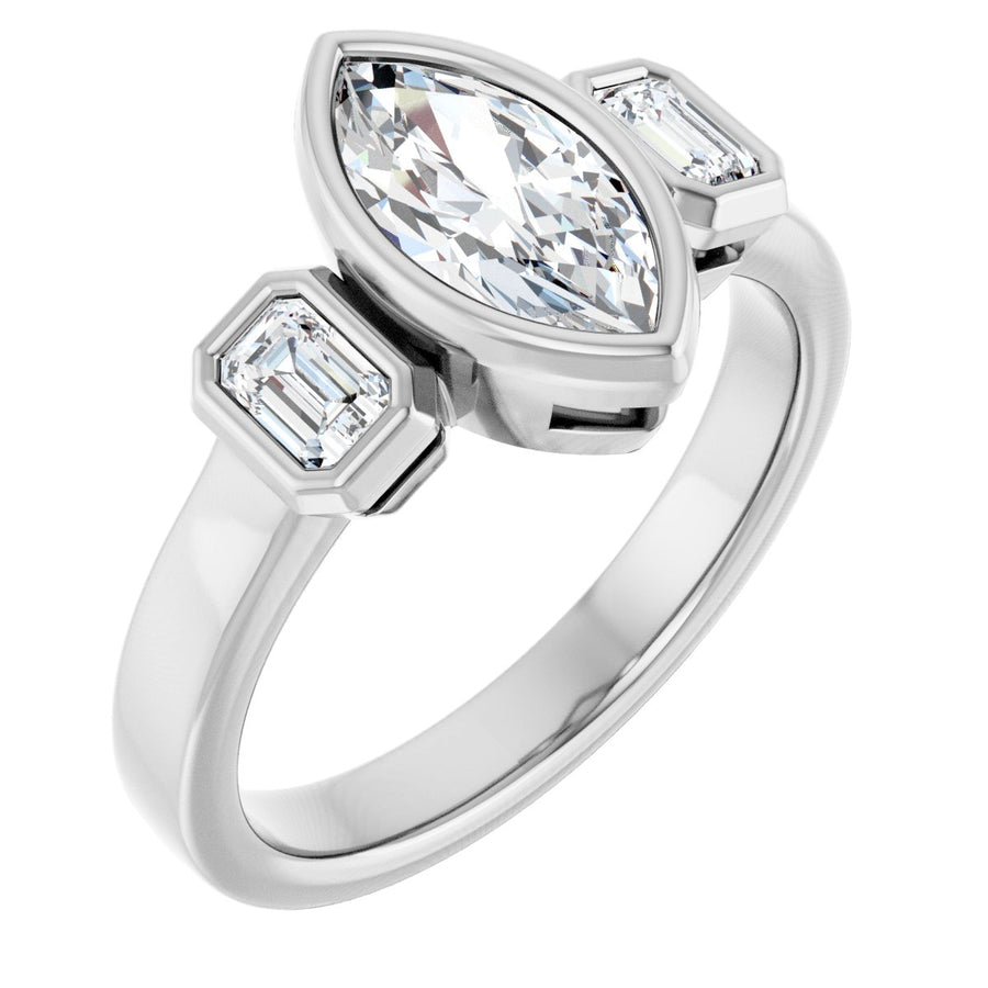 Natural Diamond Marquise Bezel-Set Three-Stone Engagement Ring Semi-Mount - Platinum - Series 126961