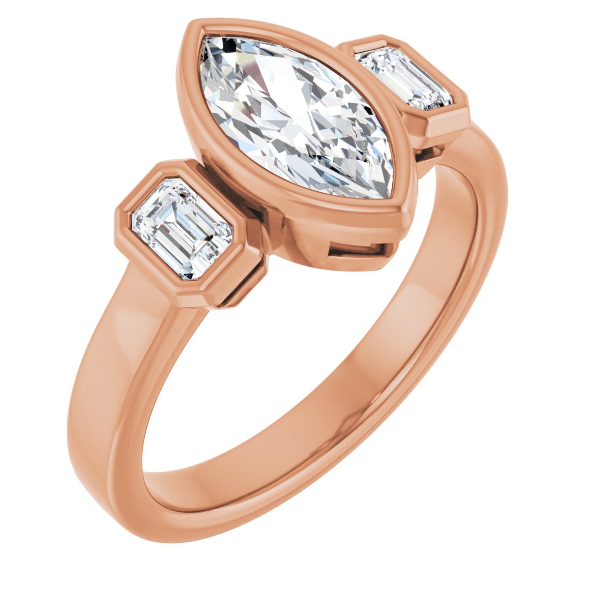 Natural Diamond Marquise Bezel-Set Three-Stone Engagement Ring Semi-Mount - 14K Rose Gold - Series 126961