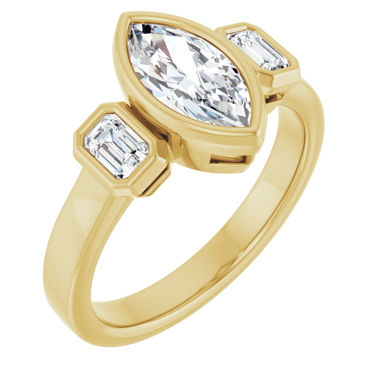 Natural Diamond Marquise Bezel-Set Three-Stone Engagement Ring Semi-Mount - 14K Yellow Gold - Series 126961