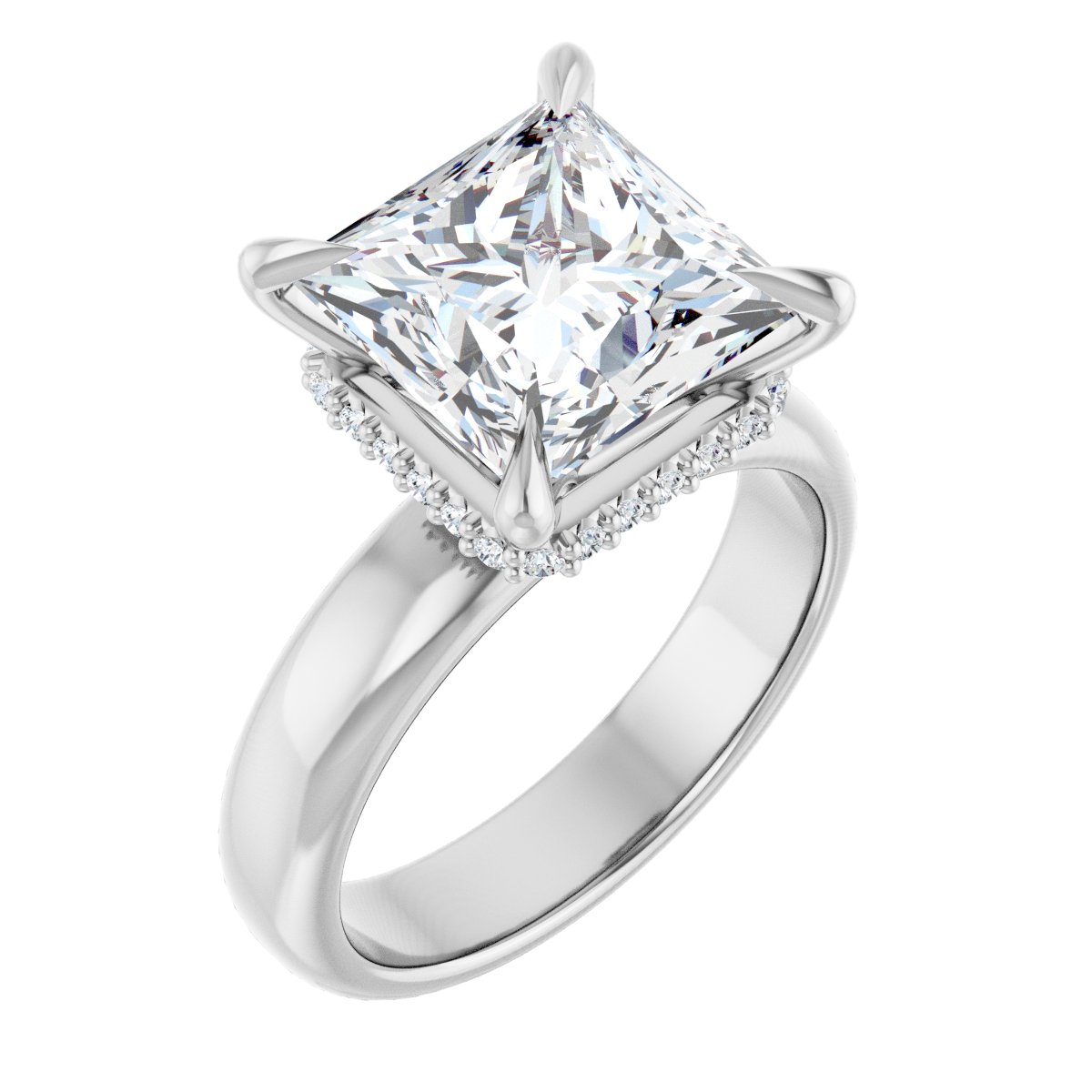 Natural Diamond Square Claw-Prong Hidden Halo-Style Engagement Ring Semi-Mount - Platinum - Series 127042