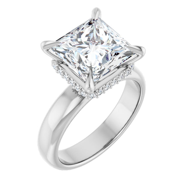 Natural Diamond Square Claw-Prong Hidden Halo-Style Engagement Ring Semi-Mount - Platinum - Series 127042