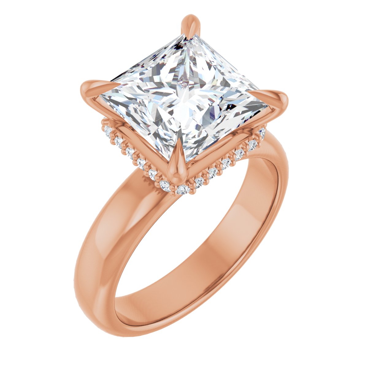 Natural Diamond Square Claw-Prong Hidden Halo-Style Engagement Ring Semi-Mount - 14K Rose Gold - Series 127042