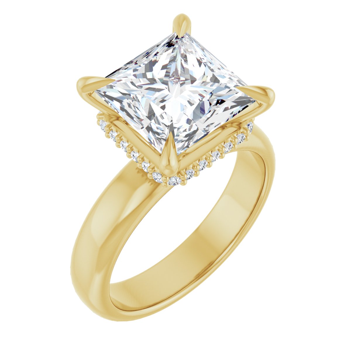 Natural Diamond Square Claw-Prong Hidden Halo-Style Engagement Ring Semi-Mount - 14K Yellow Gold - Series 127042