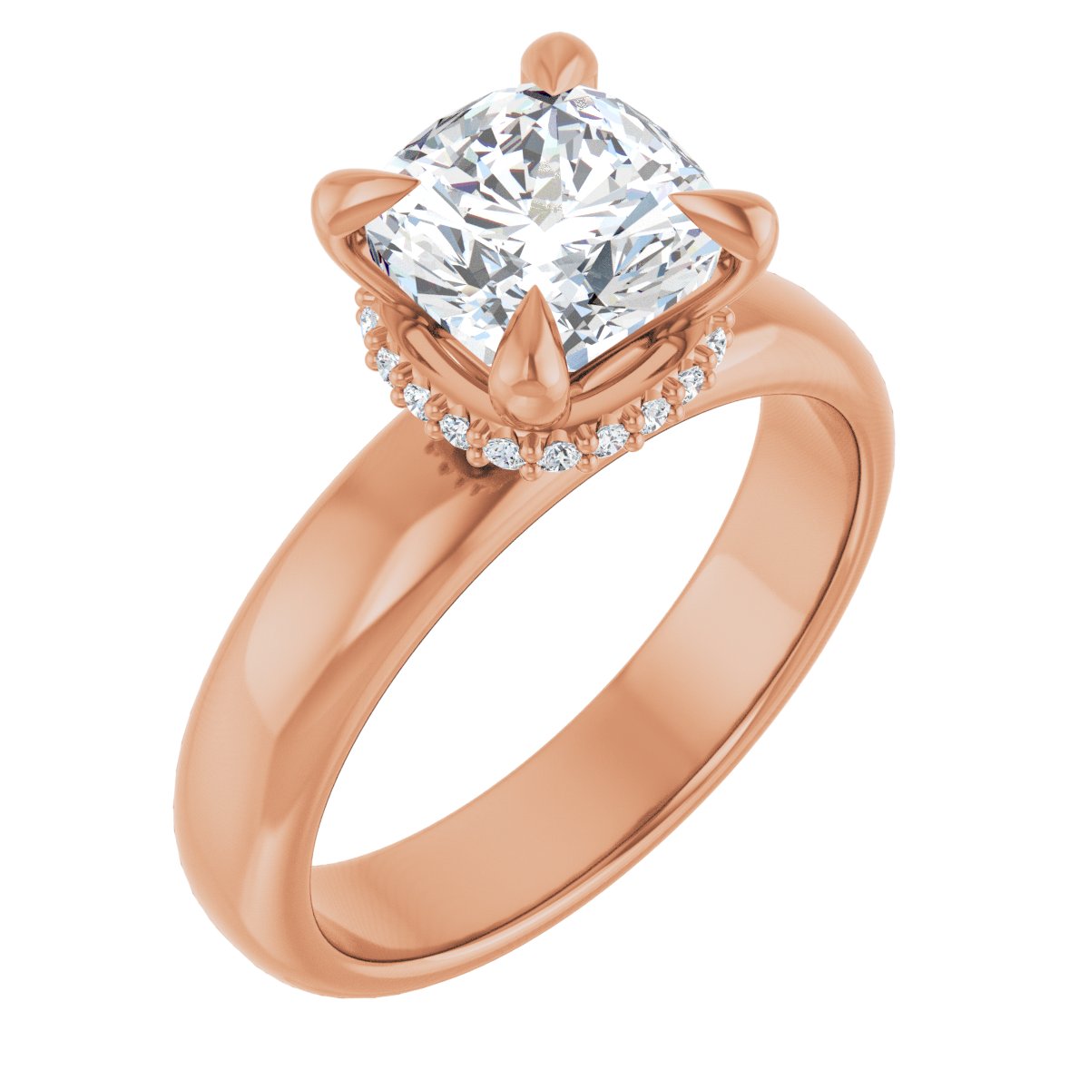 Natural Diamond Cushion Claw-Prong Hidden Halo-Style Engagement Ring Semi-Mount - 14K Rose Gold - Series 127042