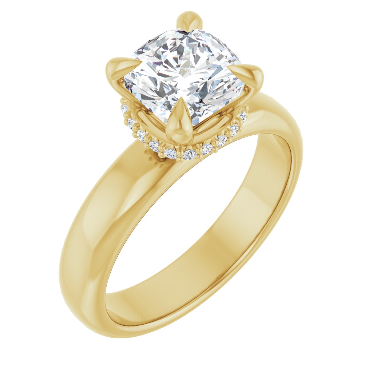 Natural Diamond Cushion Claw-Prong Hidden Halo-Style Engagement Ring Semi-Mount - 14K Yellow Gold - Series 127042