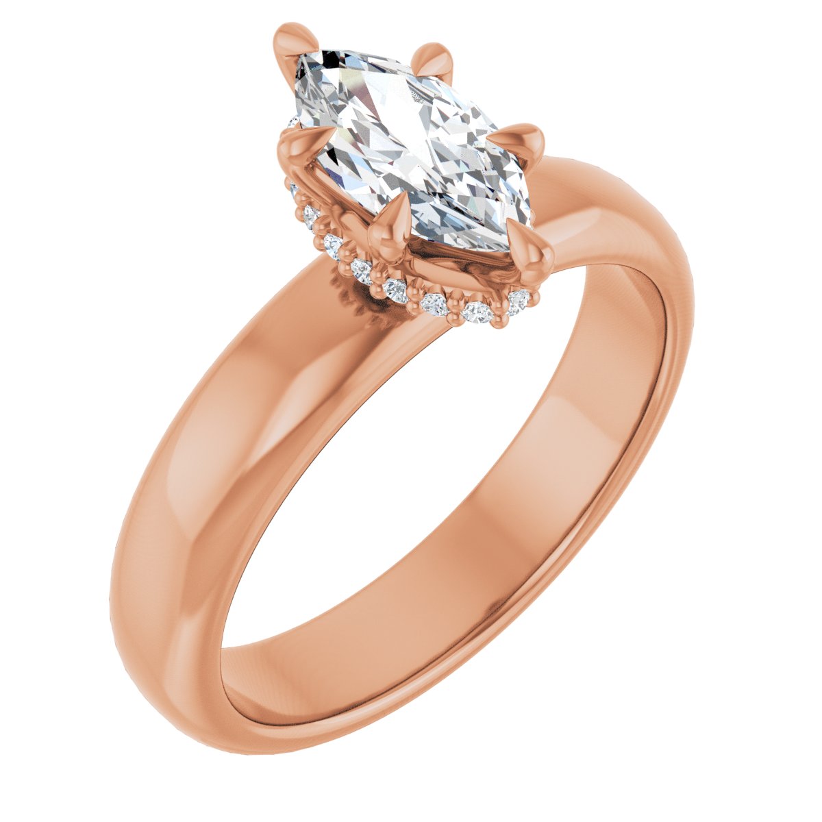 Natural Diamond Marquise Claw-Prong Hidden Halo-Style Engagement Ring Semi-Mount - 14K Rose Gold - Series 127042