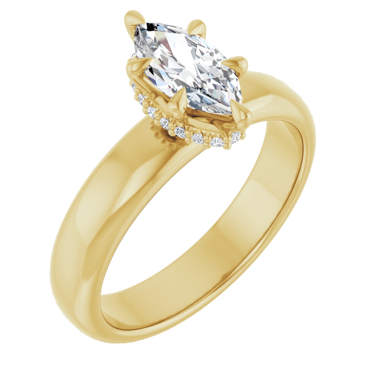 Natural Diamond Marquise Claw-Prong Hidden Halo-Style Engagement Ring Semi-Mount - 14K Yellow Gold - Series 127042