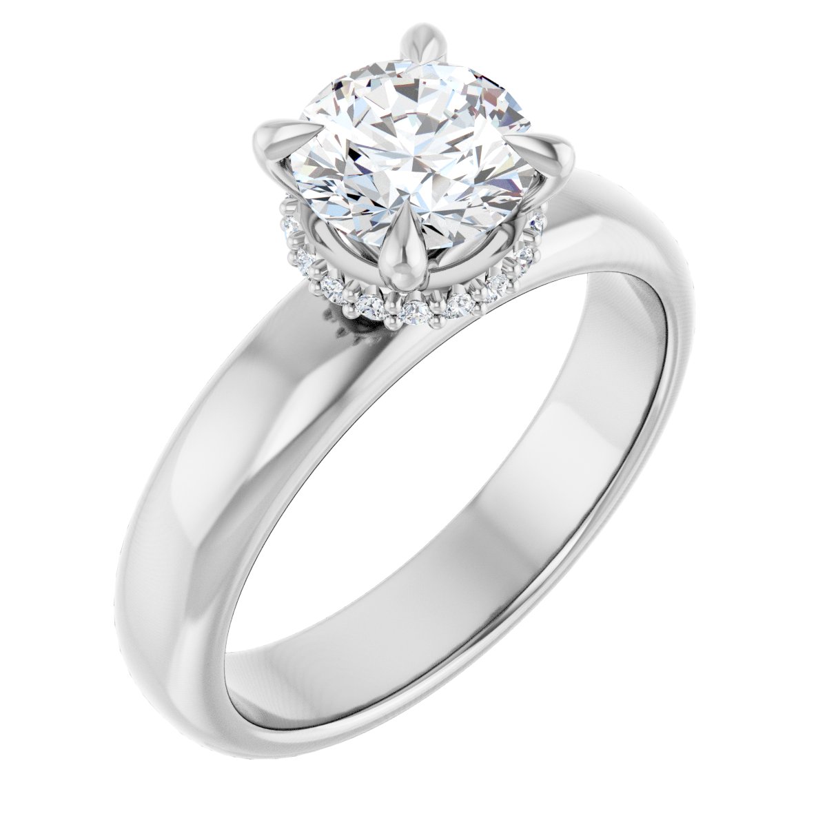 Natural Diamond Round Claw-Prong Hidden Halo-Style Engagement Ring Semi-Mount - Platinum - Series 127042