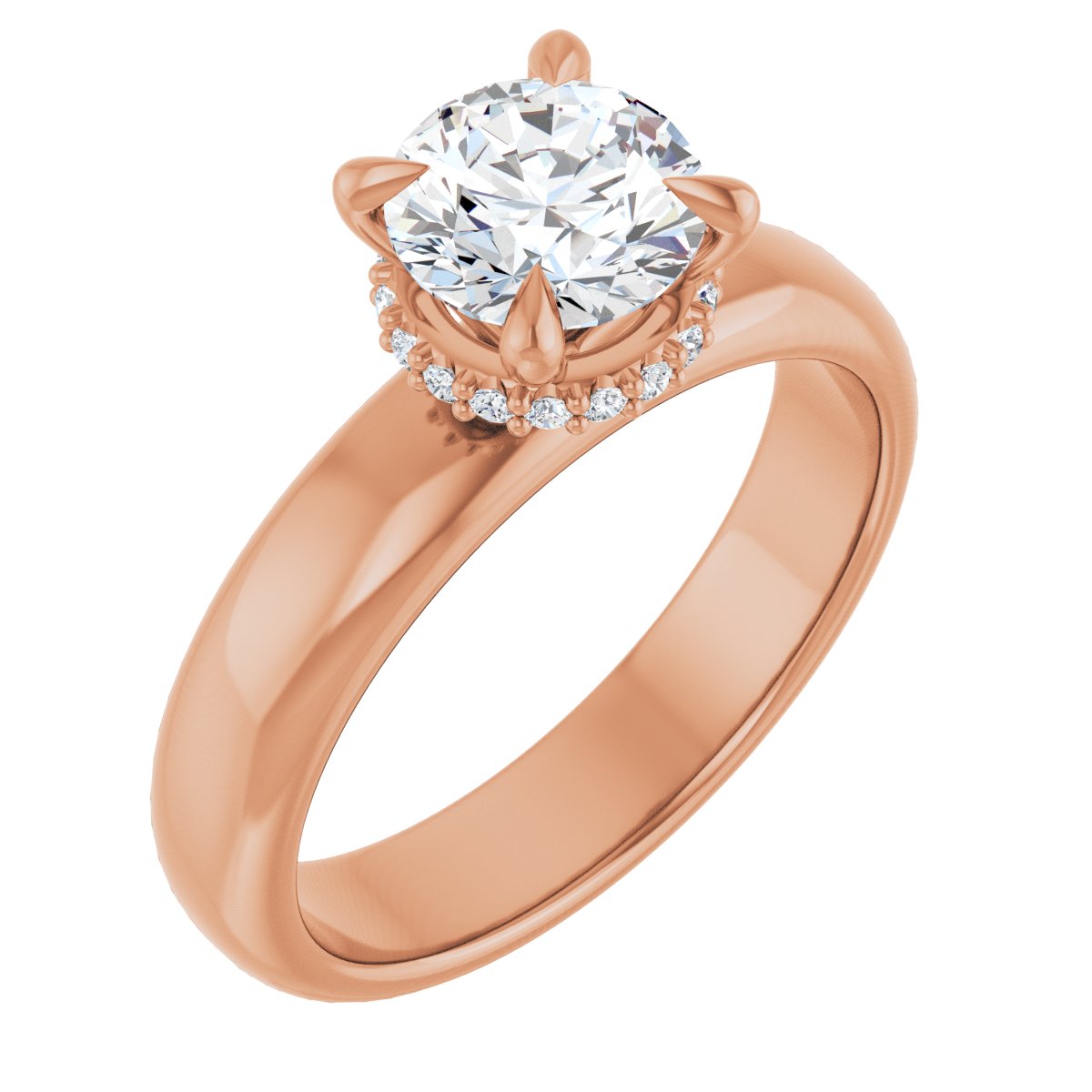 Natural Diamond Round Claw-Prong Hidden Halo-Style Engagement Ring Semi-Mount - 14K Rose Gold - Series 127042