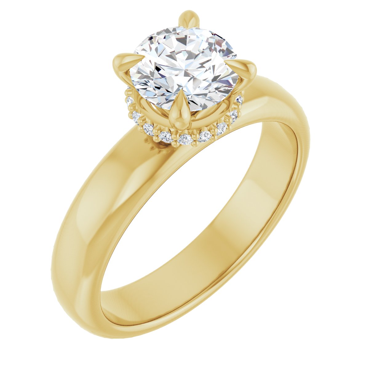Natural Diamond Round Claw-Prong Hidden Halo-Style Engagement Ring Semi-Mount - 14K Yellow Gold - Series 127042