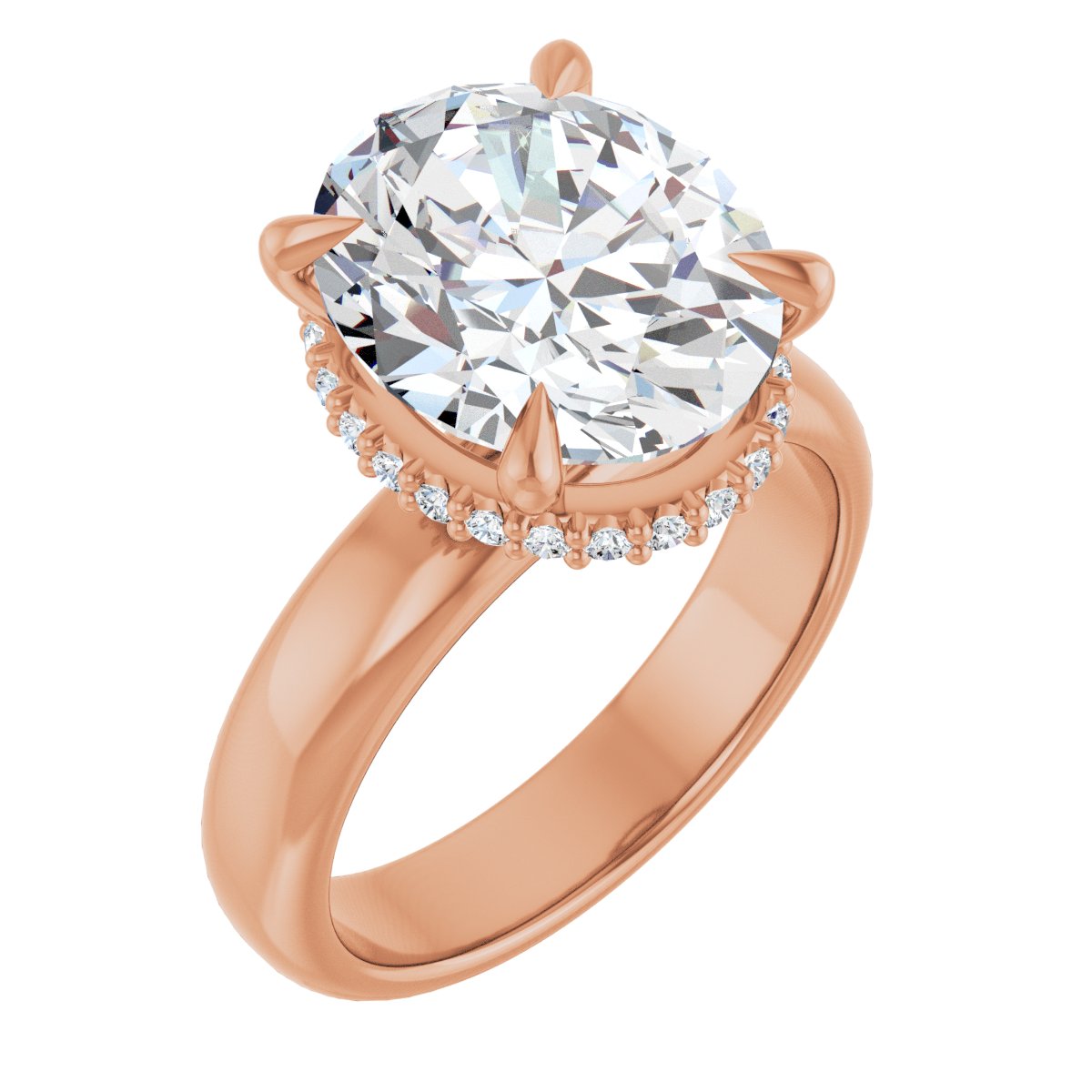 Natural Diamond Oval Claw-Prong Hidden Halo-Style Engagement Ring Semi-Mount - 14K Rose Gold - Series 127042