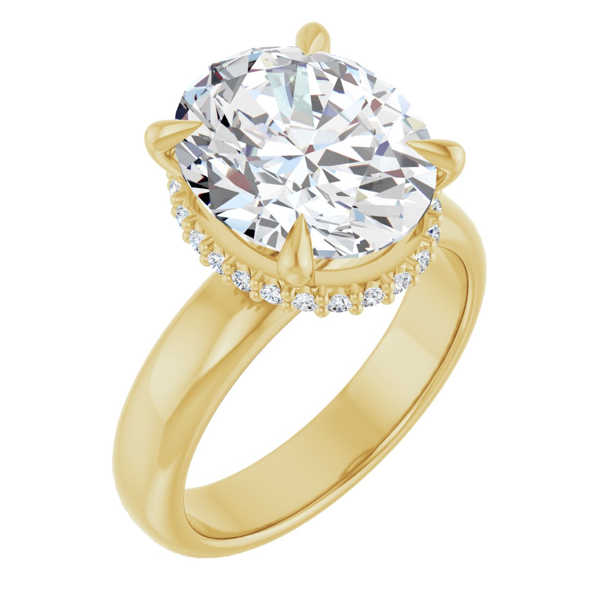 Natural Diamond Oval Claw-Prong Hidden Halo-Style Engagement Ring Semi-Mount - 14K Yellow Gold - Series 127042