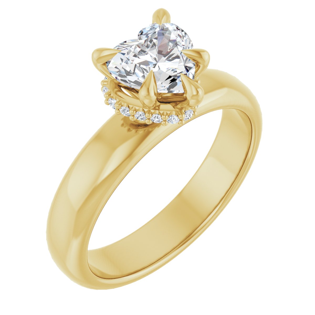 Natural Diamond Heart Claw-Prong Hidden Halo-Style Engagement Ring Semi-Mount - 14K Yellow Gold - Series 127042