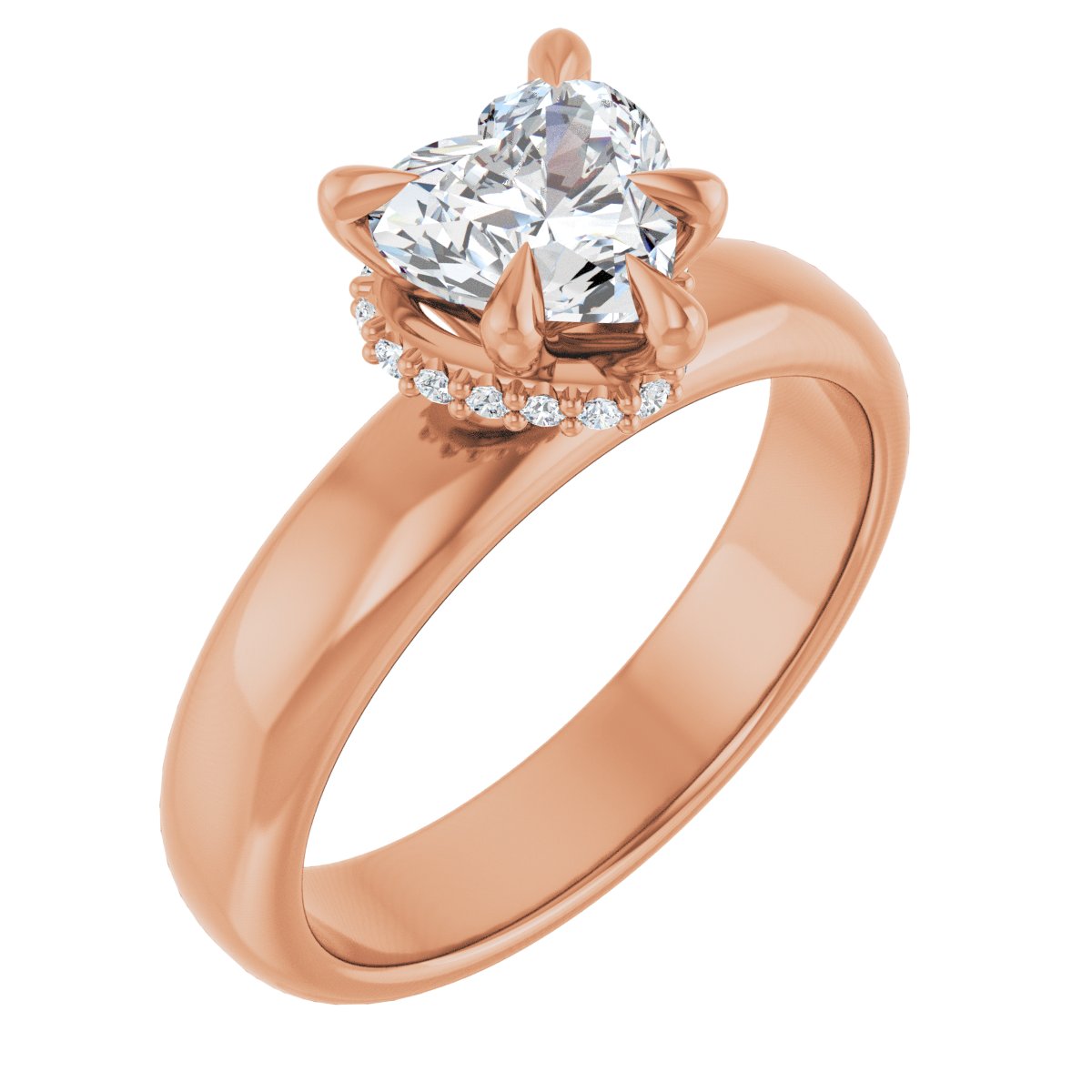 Natural Diamond Heart Claw-Prong Hidden Halo-Style Engagement Ring Semi-Mount - 14K Rose Gold - Series 127042