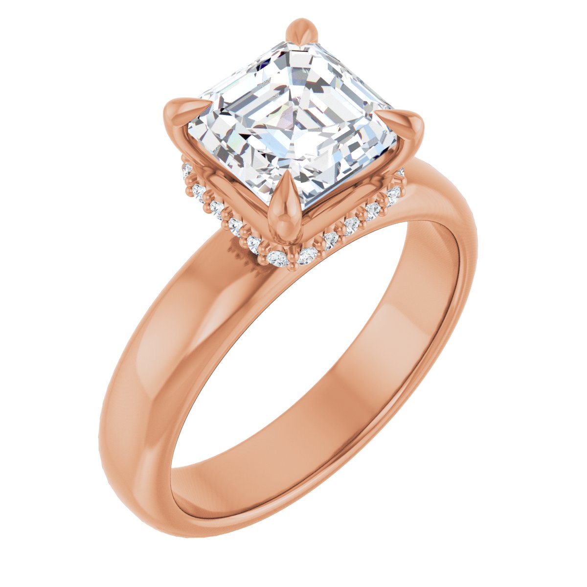 Natural Diamond Asscher Claw-Prong Hidden Halo-Style Engagement Ring Semi-Mount - 14K Rose Gold - Series 127042