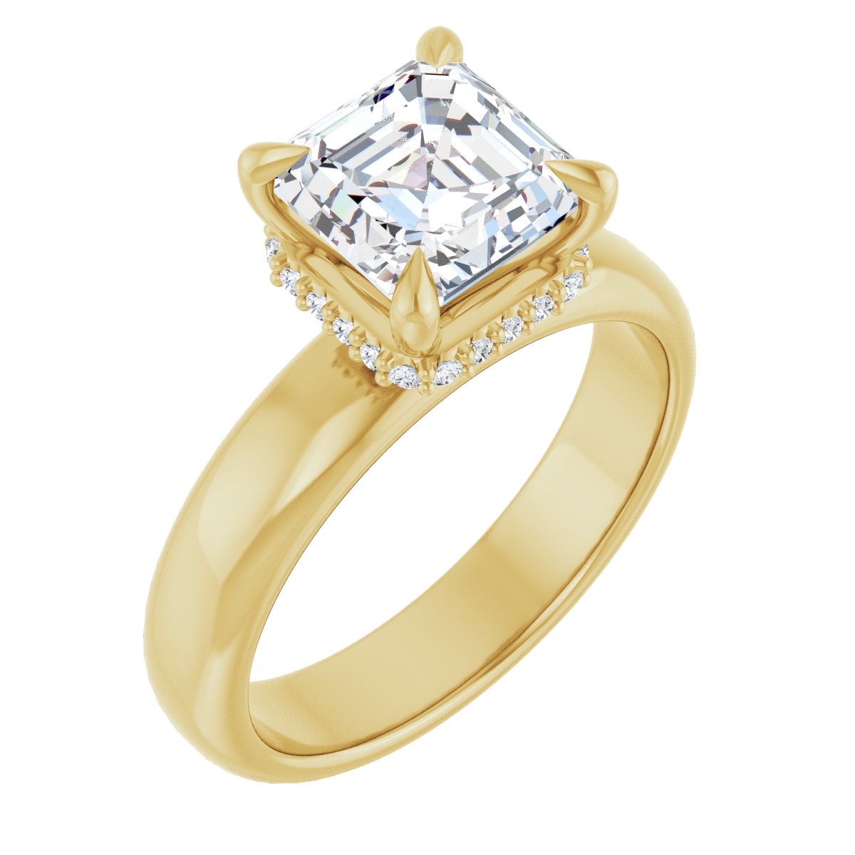 Natural Diamond Asscher Claw-Prong Hidden Halo-Style Engagement Ring Semi-Mount - 14K Yellow Gold - Series 127042