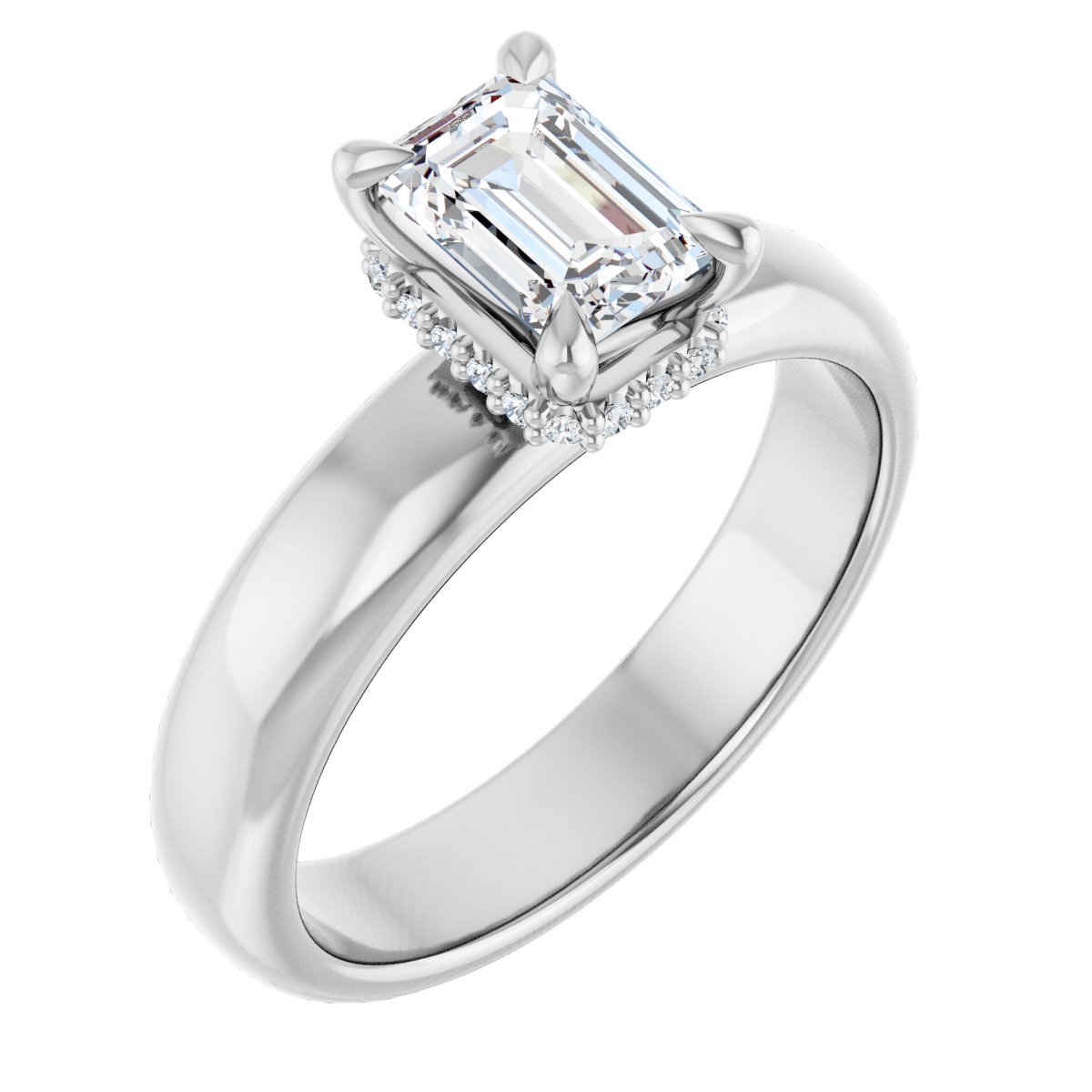 Natural Diamond Emerald Claw-Prong Hidden Halo-Style Engagement Ring Semi-Mount - Platinum - Series 127042