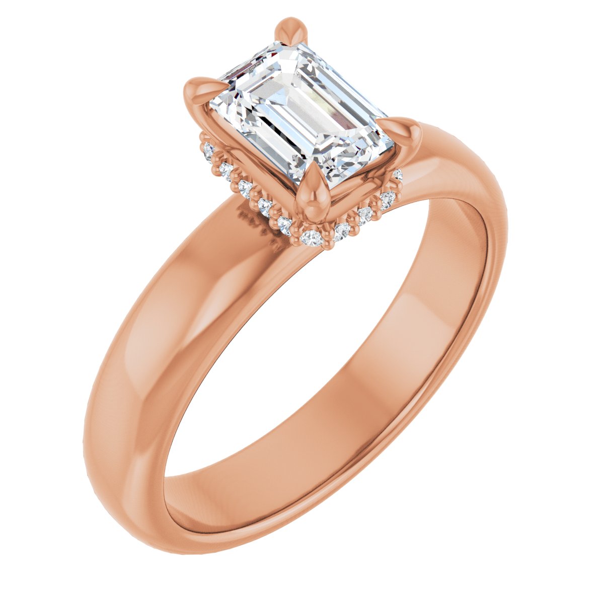 Natural Diamond Emerald Claw-Prong Hidden Halo-Style Engagement Ring Semi-Mount - 14K Rose Gold - Series 127042