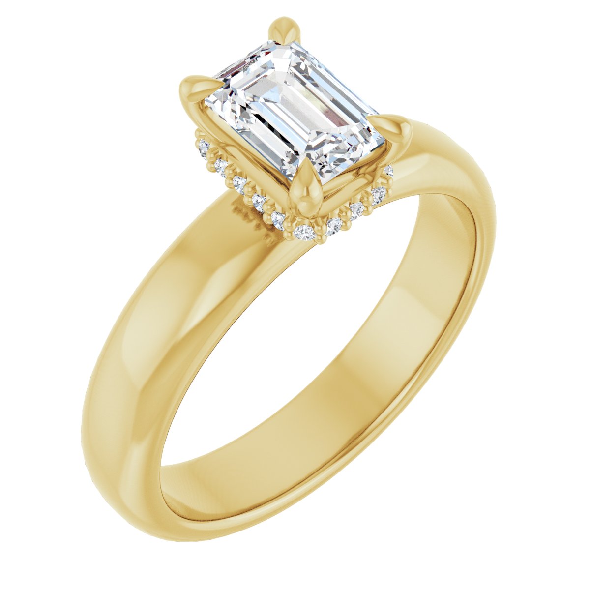 Natural Diamond Emerald Claw-Prong Hidden Halo-Style Engagement Ring Semi-Mount - 14K Yellow Gold - Series 127042