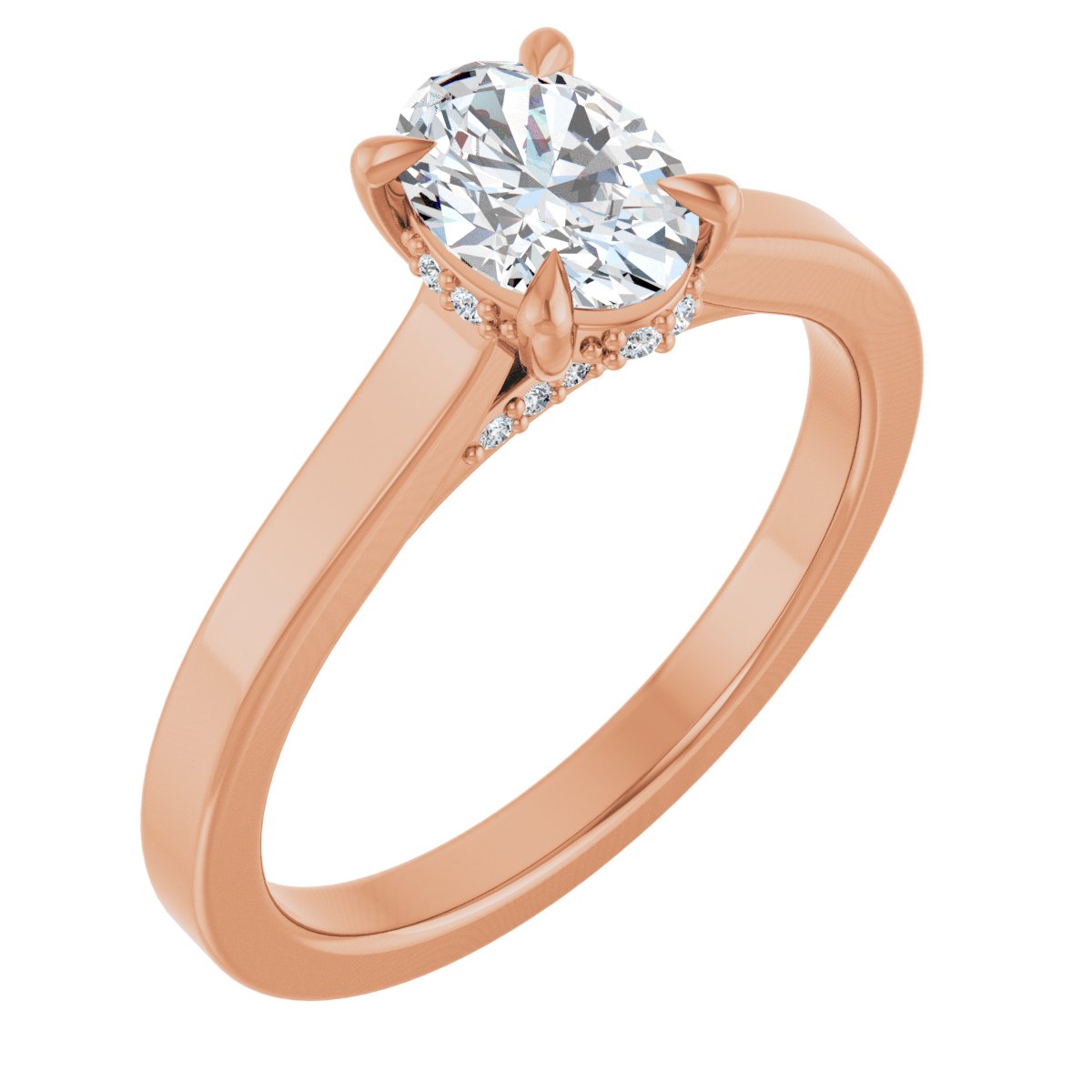 Natural Diamond Oval Claw-Prong Hidden Halo-Style Engagement Ring Semi-Mount - 14K Rose Gold - Series 127239