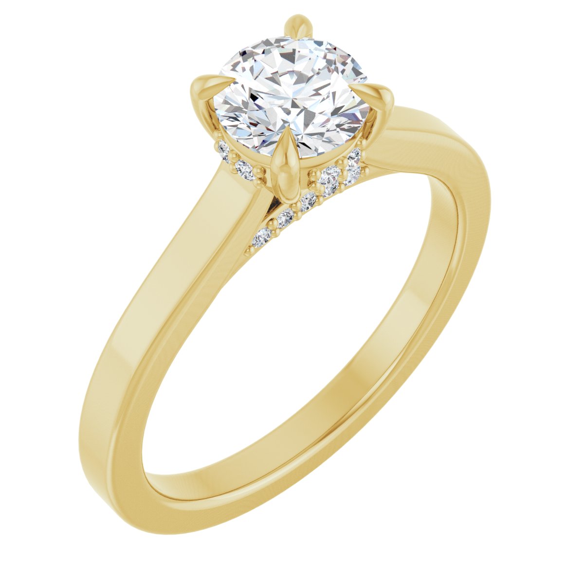 Natural Diamond Round Claw-Prong Hidden Halo-Style Engagement Ring Semi-Mount - 14K Yellow Gold - Series 127239