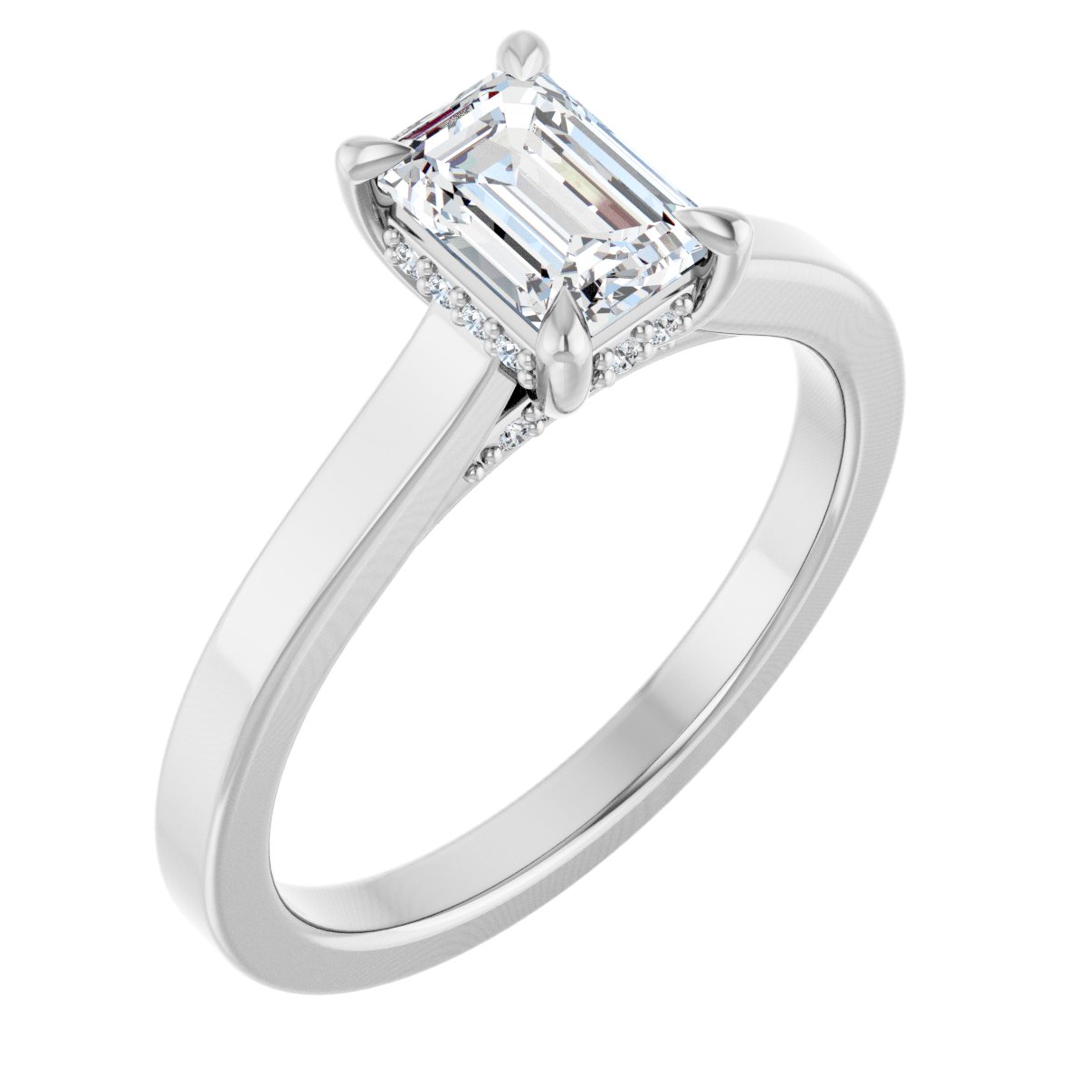 Natural Diamond Emerald Claw-Prong Hidden Halo-Style Engagement Ring Semi-Mount - Platinum - Series 127239
