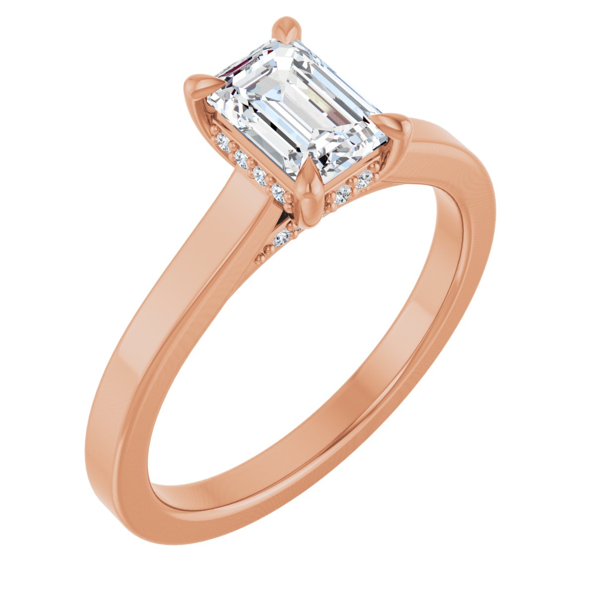 Natural Diamond Emerald Claw-Prong Hidden Halo-Style Engagement Ring Semi-Mount - 14K Rose Gold - Series 127239