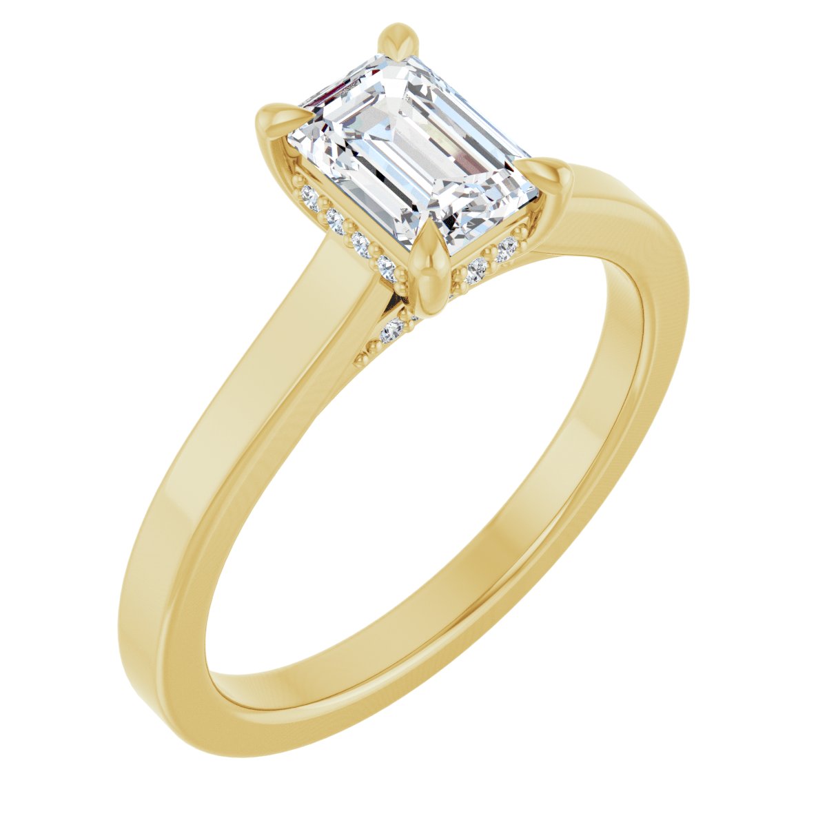 Natural Diamond Emerald Claw-Prong Hidden Halo-Style Engagement Ring Semi-Mount - 14K Yellow Gold - Series 127239