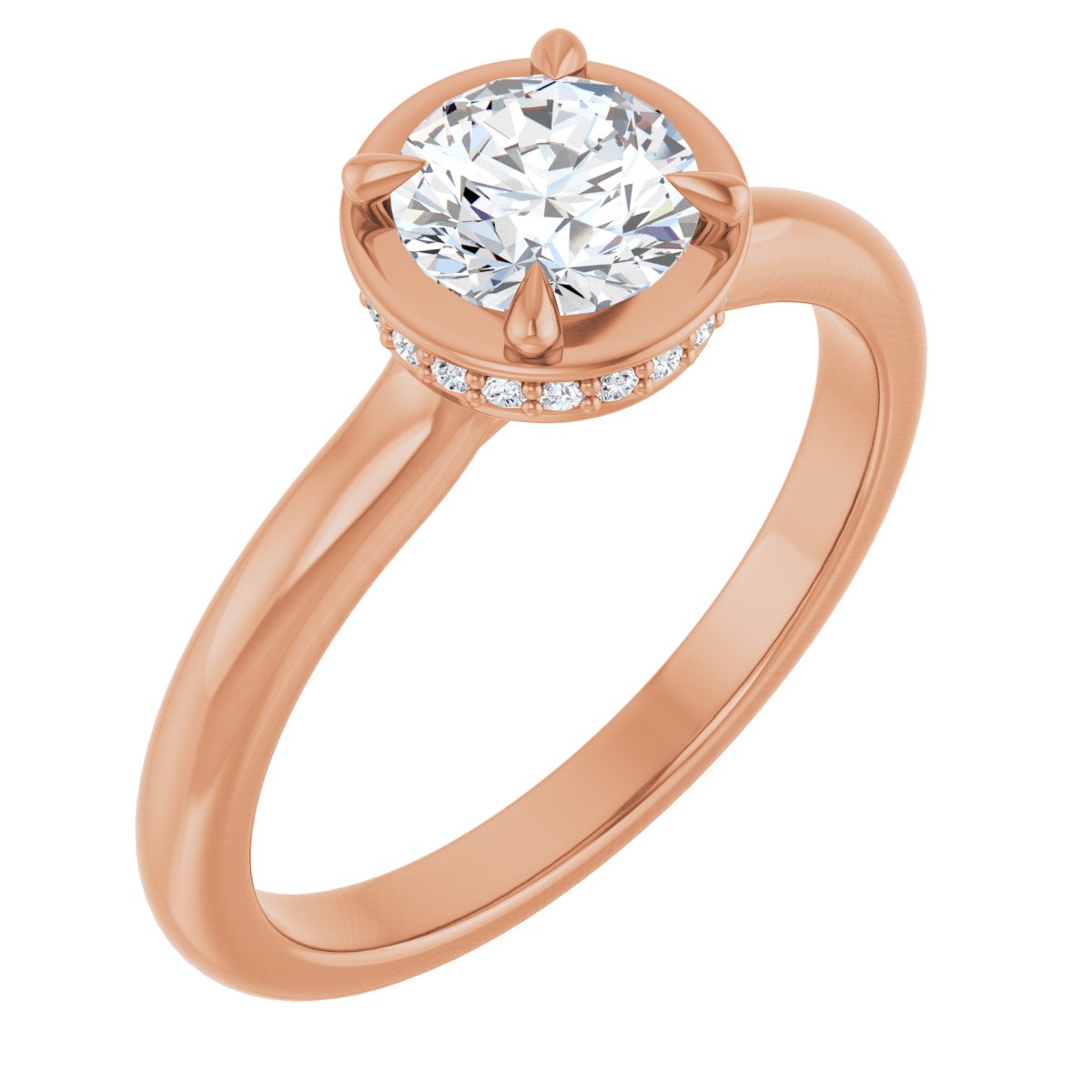 Natural Diamond Round Claw-Prong Hidden Halo-Style Bezel-Style Engagement Ring Semi-Mount - 14K Rose Gold - Series 127311