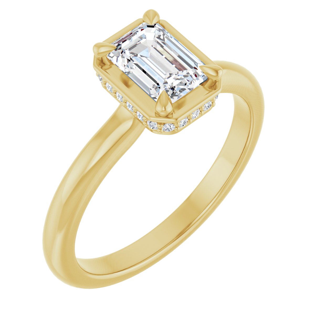 Natural Diamond Emerald Claw-Prong Hidden Halo-Style Bezel-Style Engagement Ring Semi-Mount - 14K Yellow Gold - Series 127311