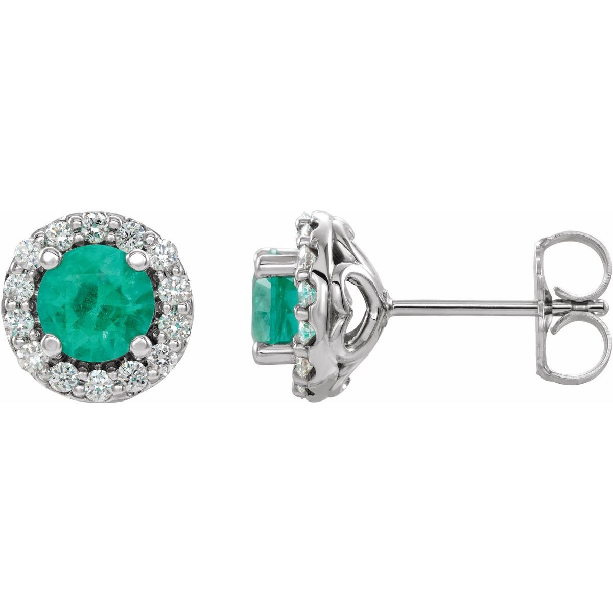 Natural Emerald Round 4-Prong Halo-Style Earrings