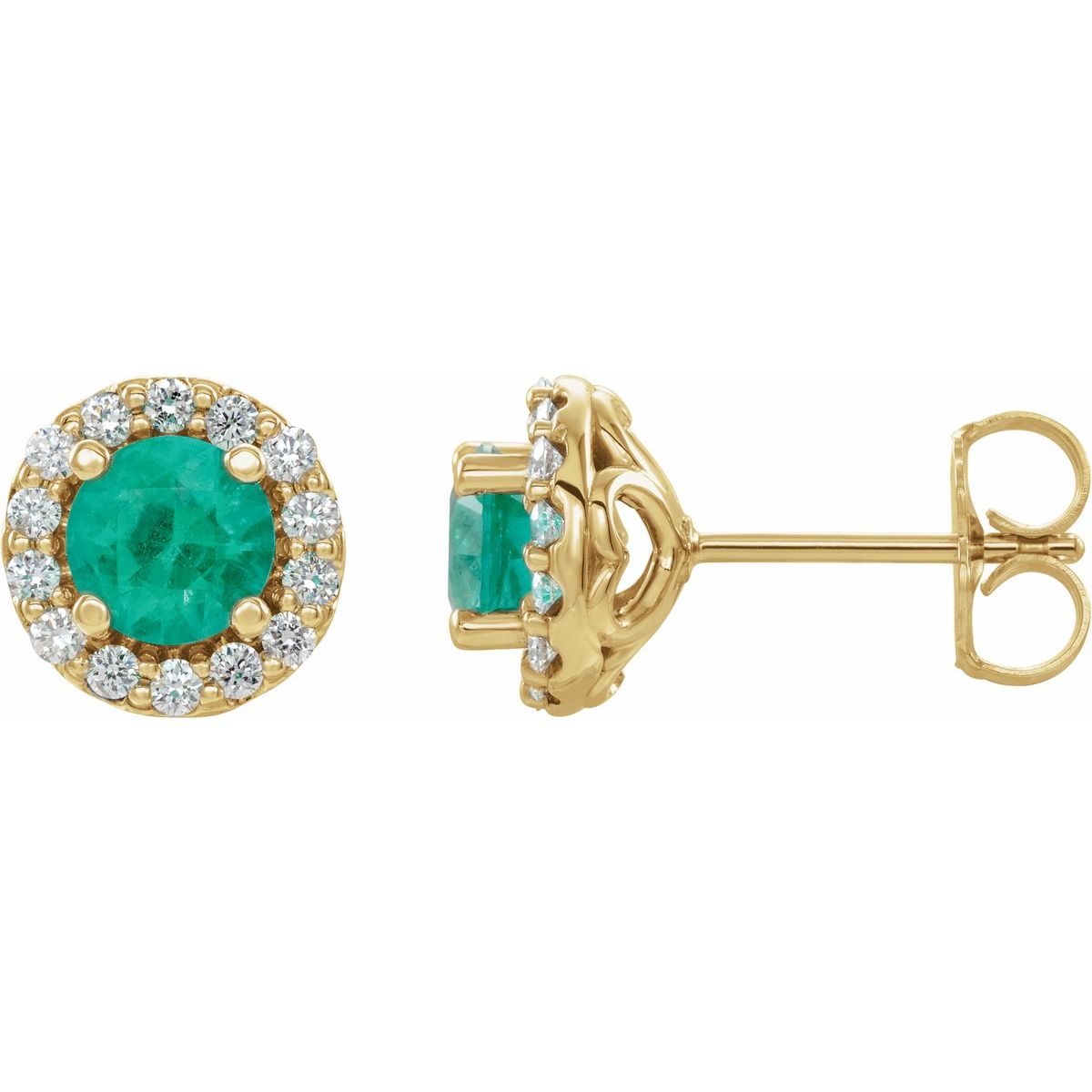 Natural Emerald Round 4-Prong Halo-Style Earrings