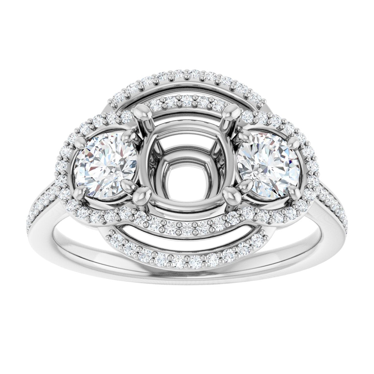 Cushion Three-Stone Halo-Style Engagement Ring Semi-Mount - gallery - Series 122367