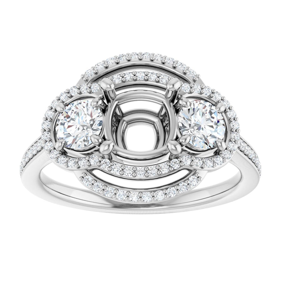 Cushion Three-Stone Halo-Style Engagement Ring Semi-Mount - gallery - Series 122367