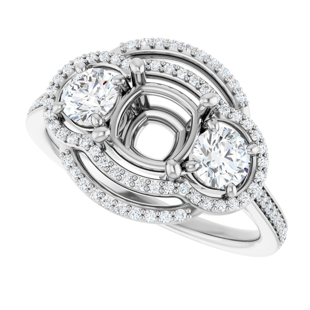 Cushion Three-Stone Halo-Style Engagement Ring Semi-Mount - gallery - Series 122367