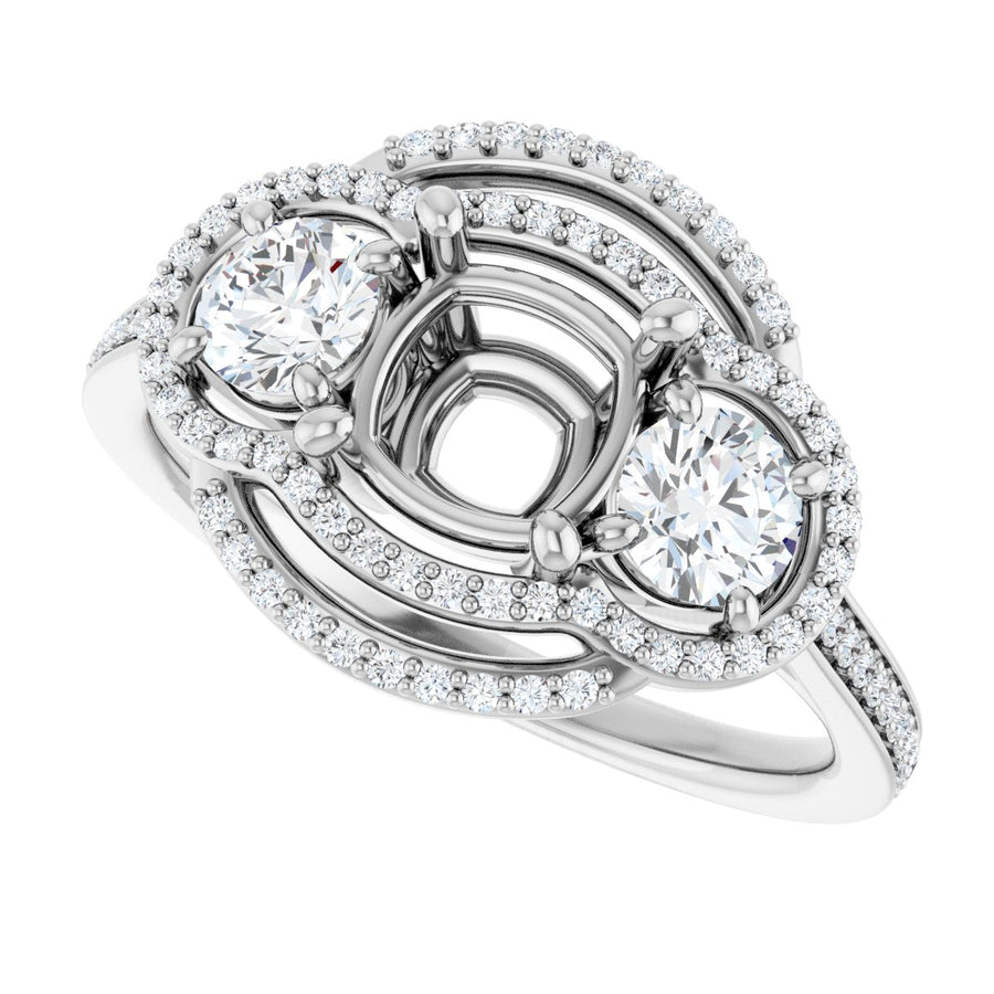 Cushion Three-Stone Halo-Style Engagement Ring Semi-Mount - gallery - Series 122367
