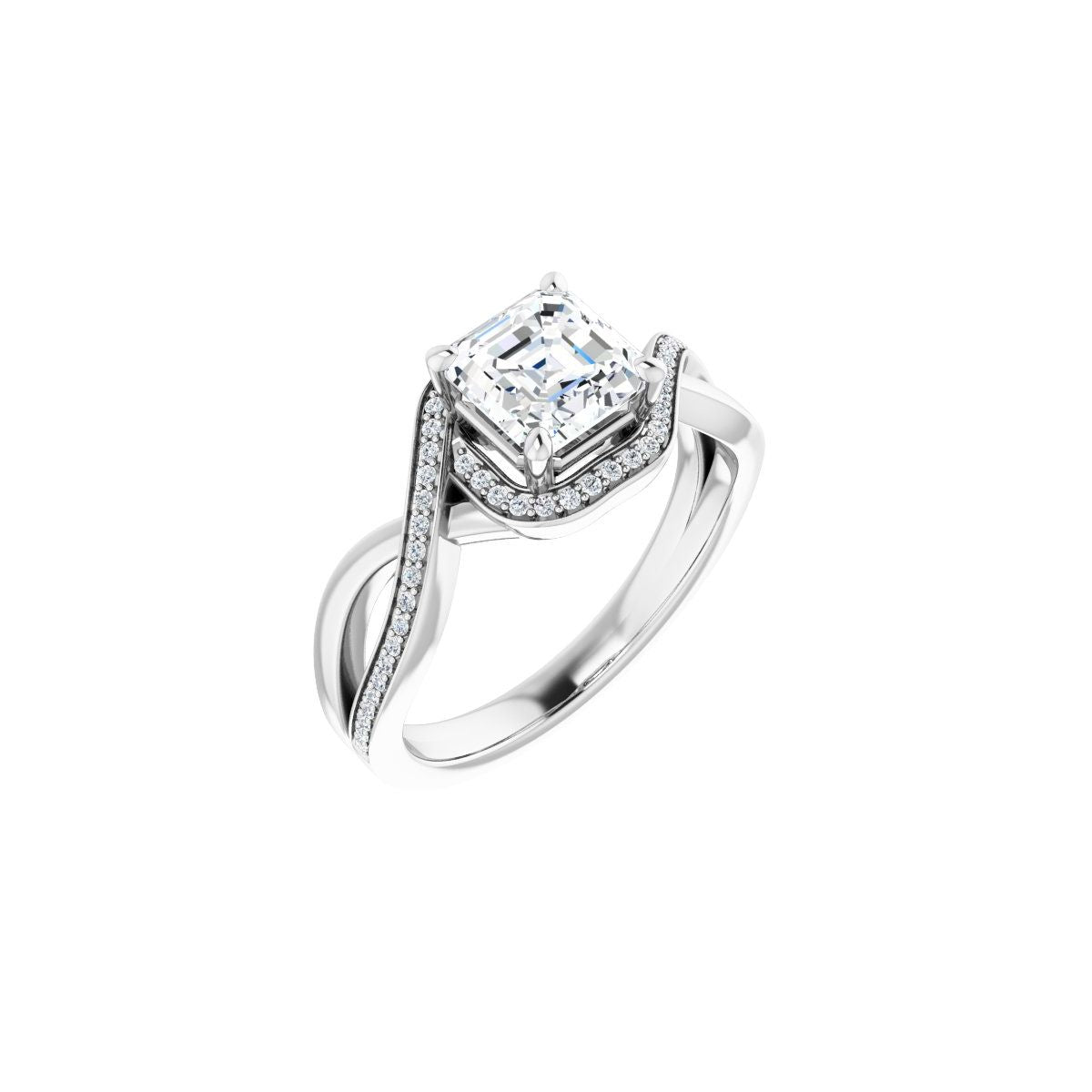 Natural Diamond Asscher Halo-Style Bypass Engagement Ring Semi-Mount - 14K White Gold - Series 123023