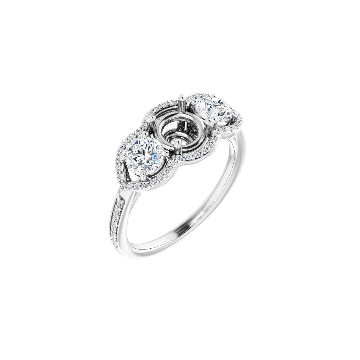 Natural Diamond Round Three-Stone Halo-Style Engagement Ring Semi-Mount - 14K White Gold - Series 122324