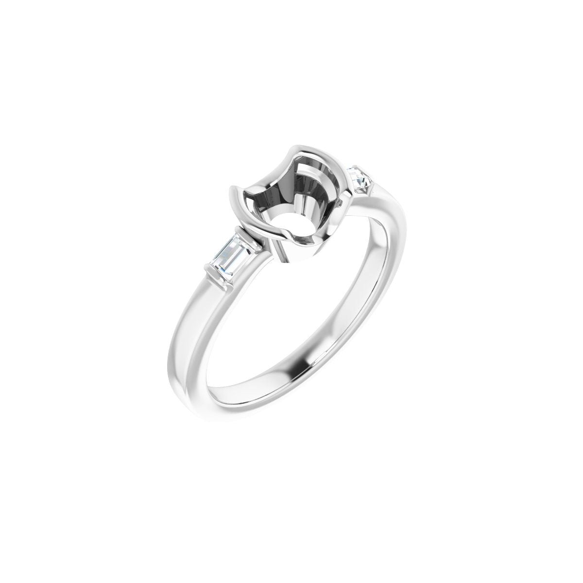 Natural Diamond Round Half-Bezel Baguette Accented Engagement Ring Semi-Mount - 14K White Gold - Series 122456