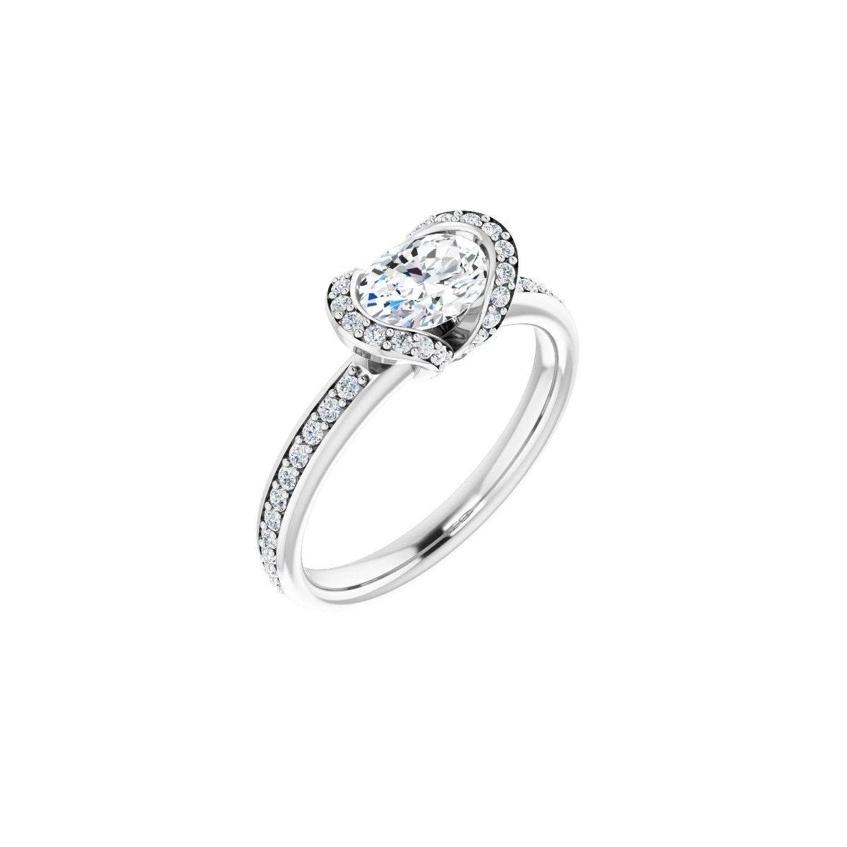 Natural Diamond Oval Half-Bezel Halo-Style Engagement Ring Semi-Mount - 14K White Gold - Series 121995